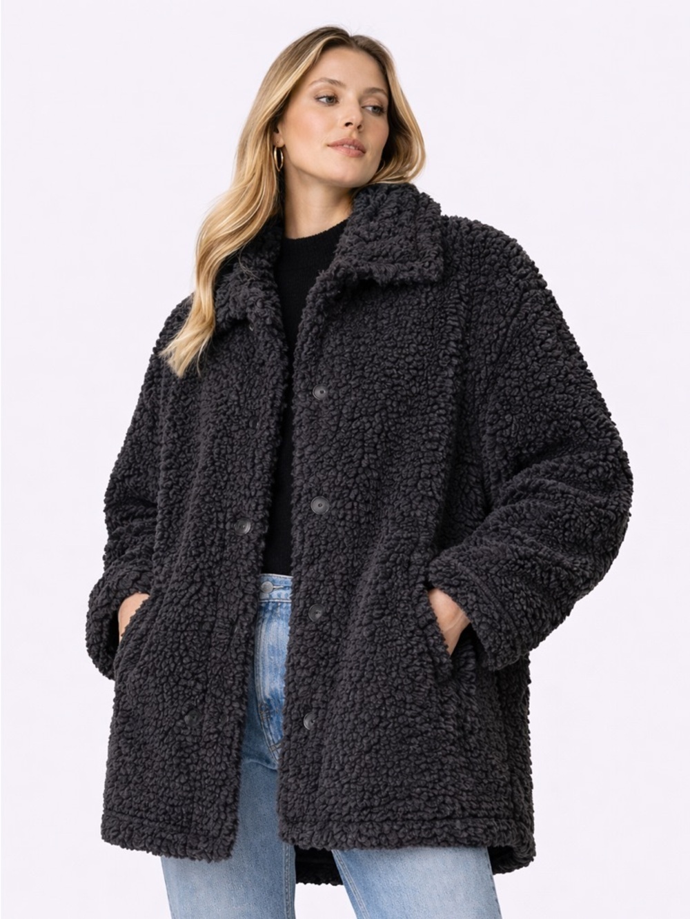 Stand Studio Gwen Faux Fur Cloudy Coat Black Size 42 Large NWT
